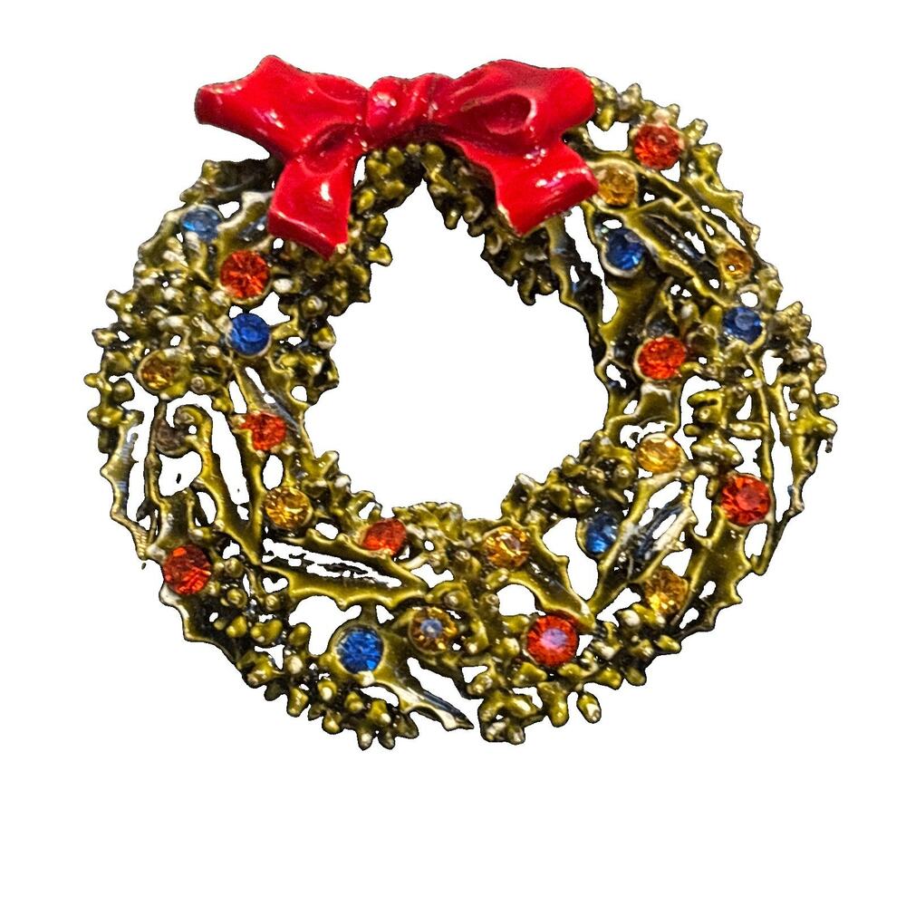 Vintage 1960 Signed ART Christmas Wreath Brooch Pin Enamel & Rhinestones Red Bow